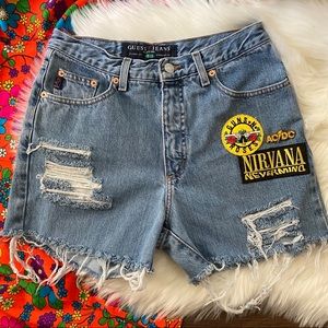 VTG Guess Rock Band Patched Denim Cutoff ShortS